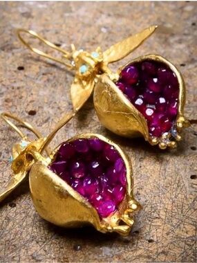 Jeweled Pomegranate Gold Dangle Unique Earrings